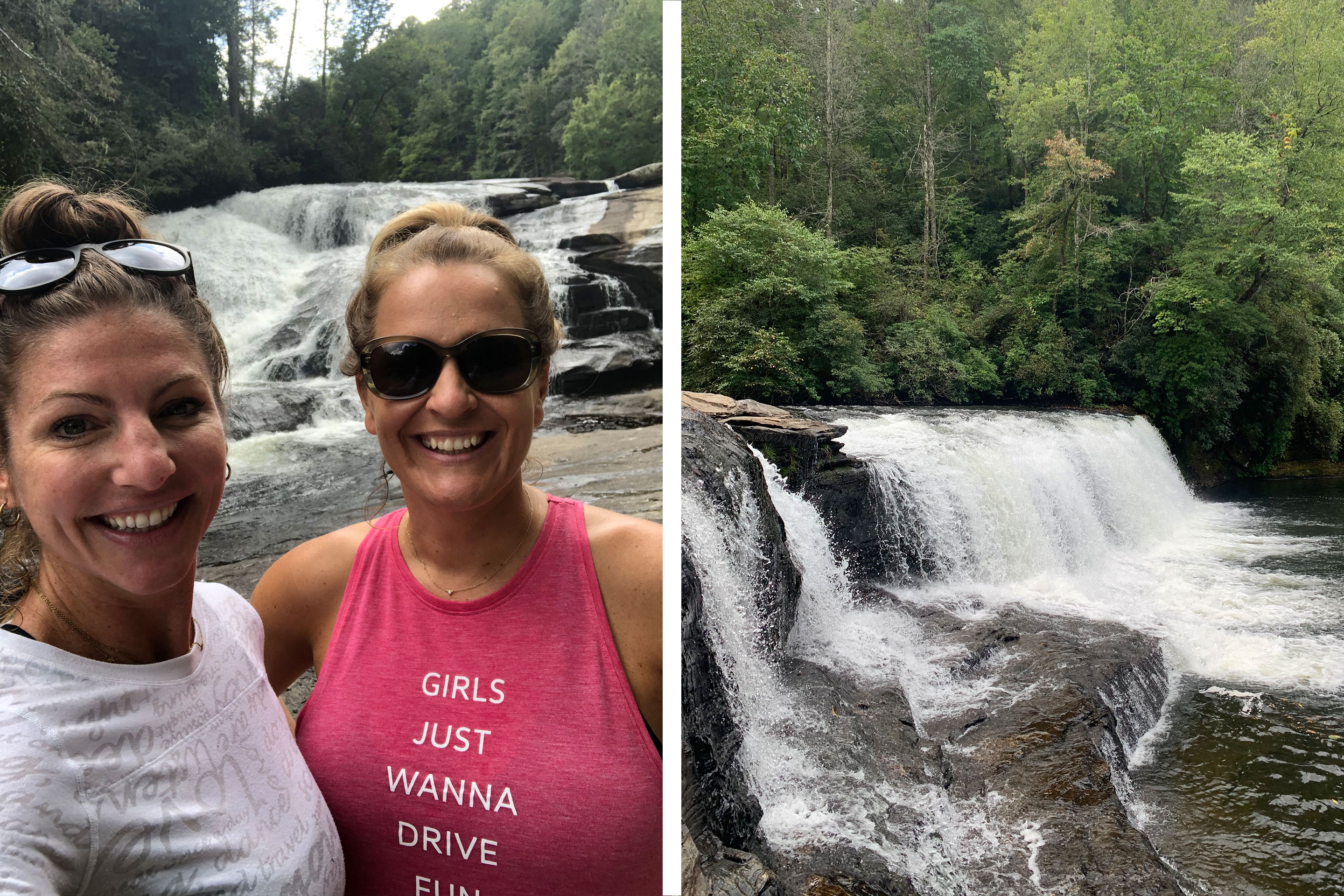 Co-author, Christine, wears a white long-sleeved shirt while posing with a friend near a waterfall.