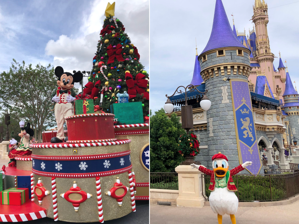 Left: A Christmas Cavalcade float with Mickey Mouse at Magic Kingdom Park. Right: Donald Duck poses in front of Cinderella's Castle at Walt Disney World® Resort.