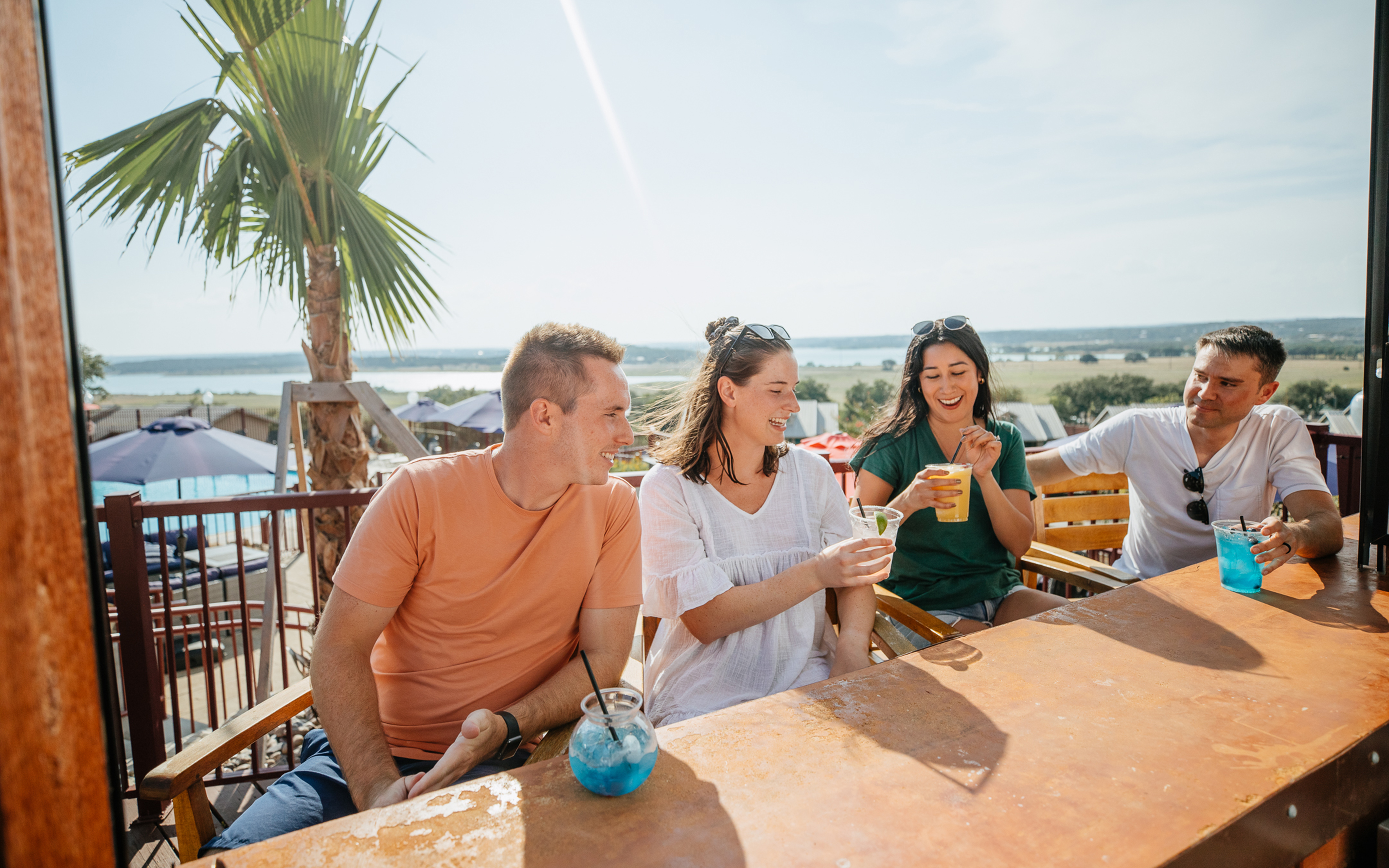 Drinks by the bar at Hill Country Resort in Canyon Lake, Texas.