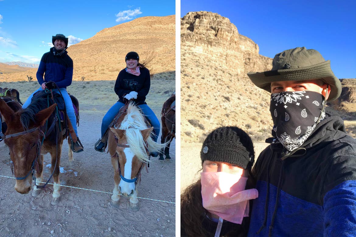 Left: Featured Contributor, Ashley Fraboni (right) and her fiancé, Nicholas (left), sit on the back of two horses at Red Rock Canyon National Conservation Area. Right: Ashley and Nicholas pose in front of a large rock formation.