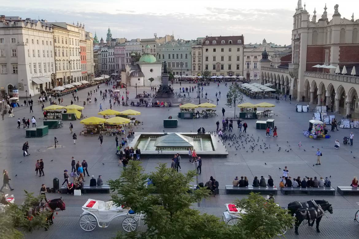 An overlook at the city square, Rynek Główny, in Krakow, Poland.