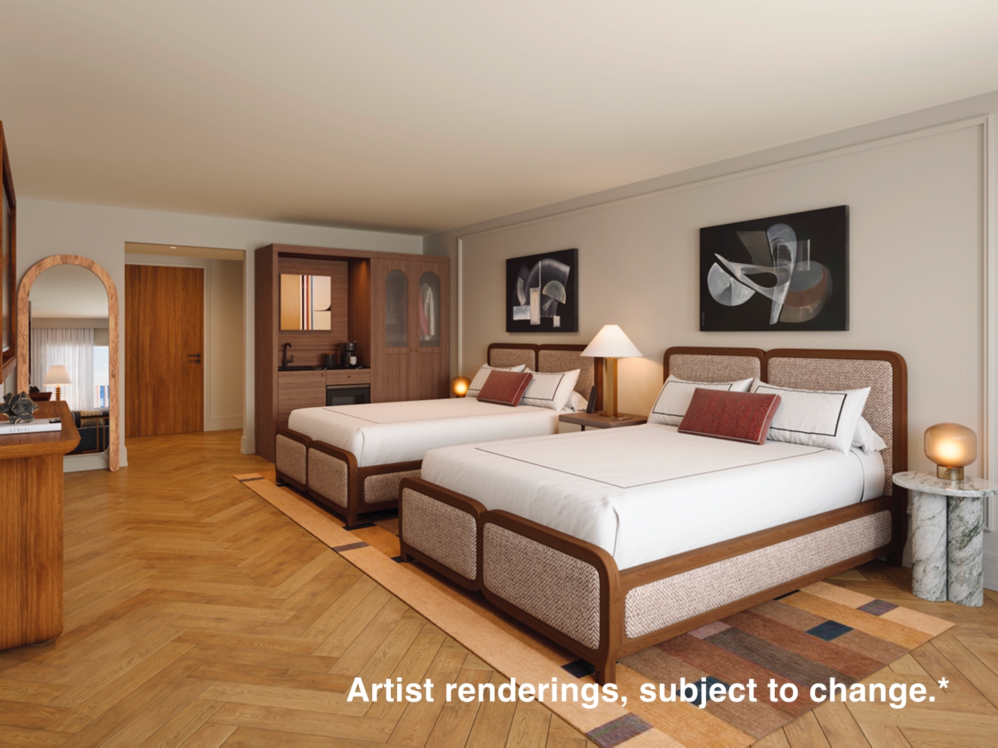  Artist rendering of a 2 Queen Standard room with two queen beds, a kitchenette and contemporary decor at Banneker. 