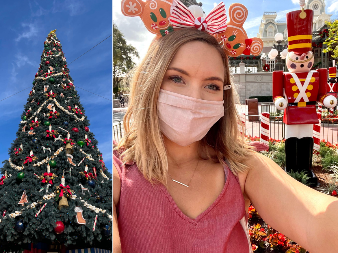 Left: The Christmas tree on Main Street at Magic Kingdom Park at Walt Disney World® Resort. Right: Author, Kelly Nelson, wears a mask and gingerbread-inspired Minnie Ears next to the Toy Soldier at Magic Kingdom Park at Walt Disney World® Resort.