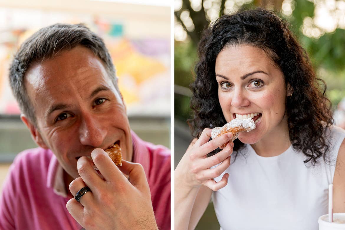 Left: A man wearing a pink shirt eats a beignet at an outdoor table. Right: A woman wearing a white shirt eats a beignet at an outdoor table.