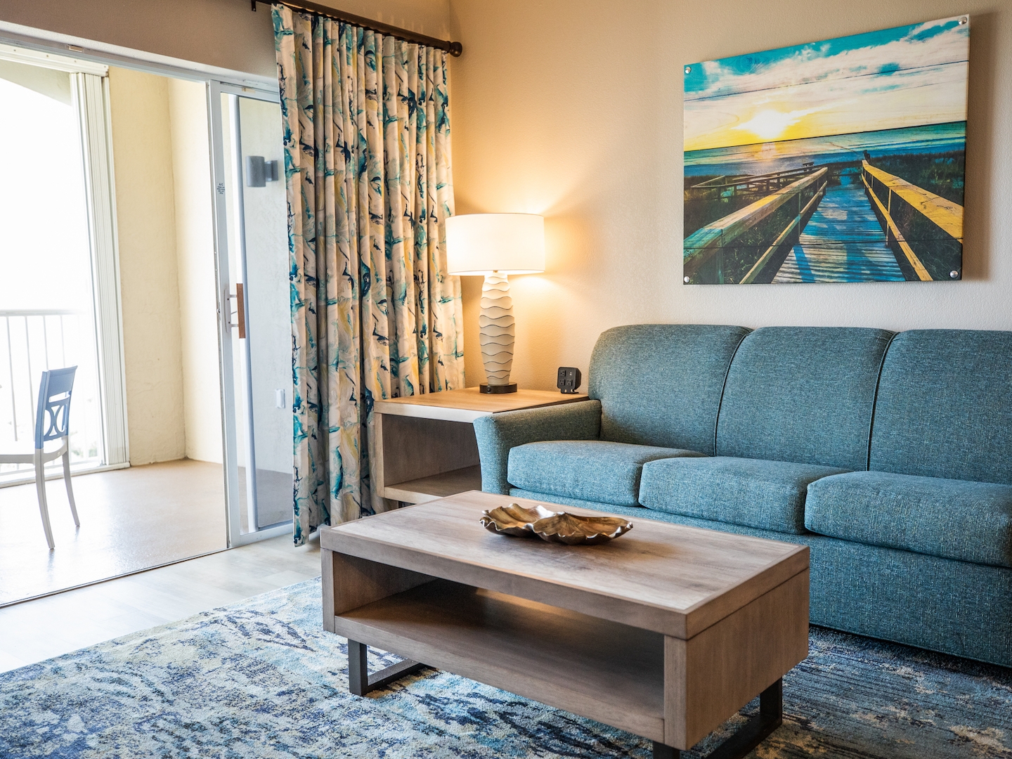 Living room in a two-bedroom villa at Cape Canaveral Beach Resort in Florida.