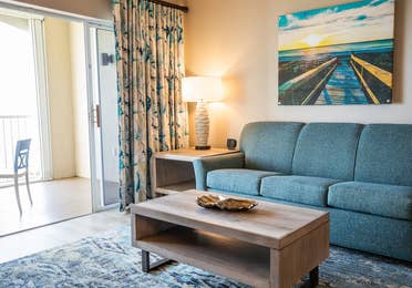 Living room in a two-bedroom villa at Cape Canaveral Beach Resort in Florida.
