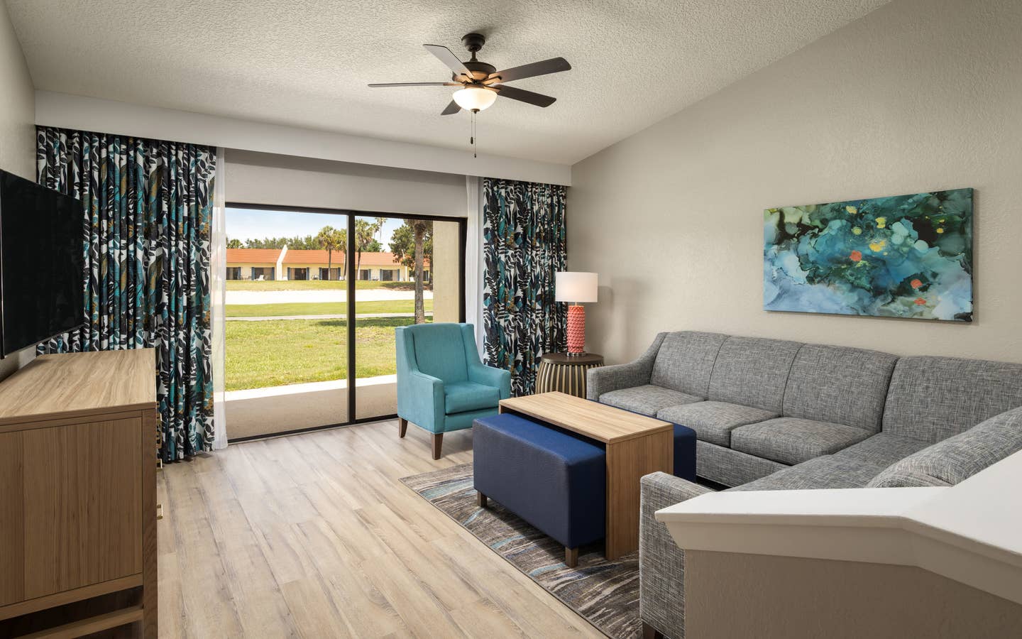 A wide angle photo of the renovated living room at Orange Lake Resort in Orlando, FL.