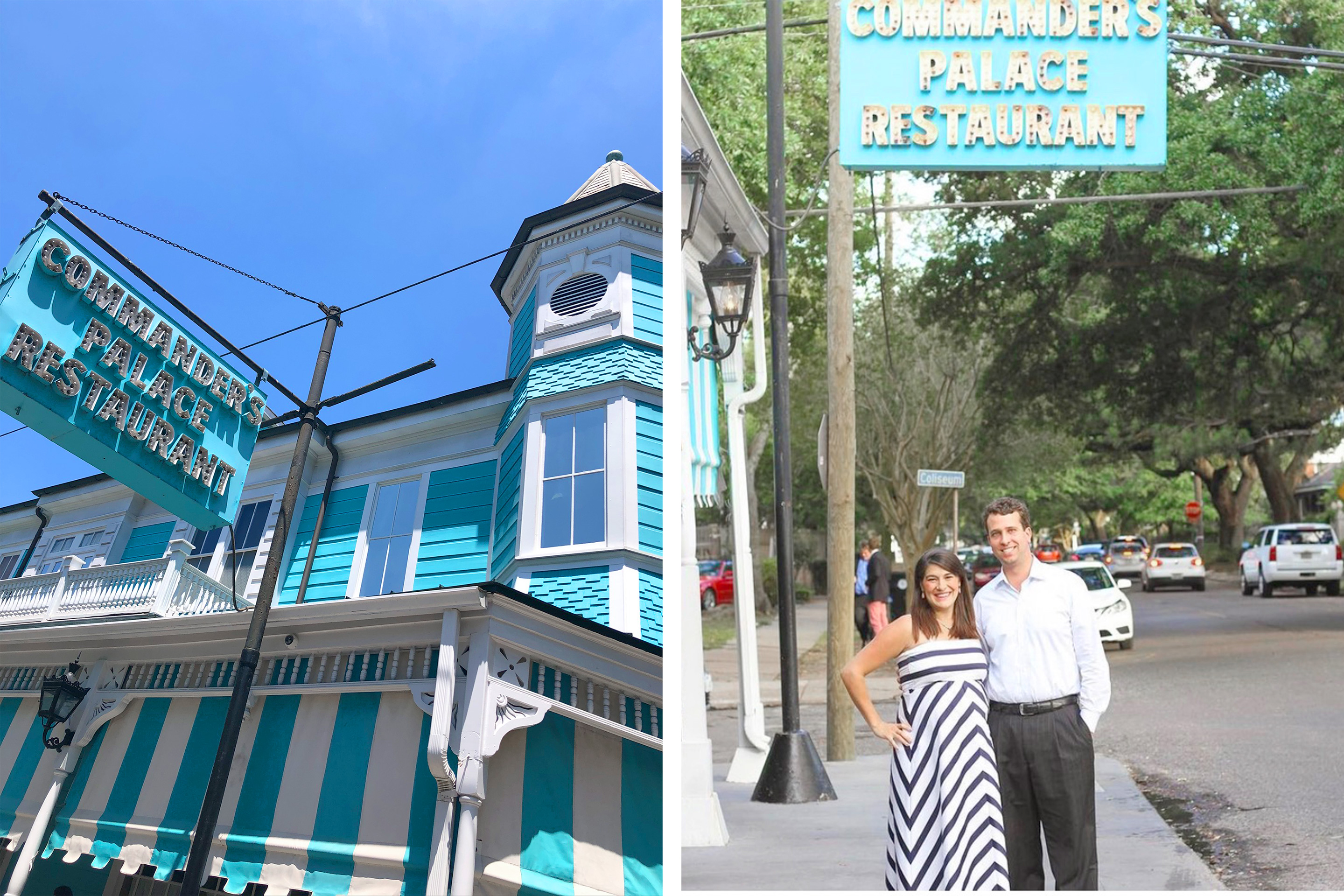 Left: The exterior of Commander's Palace and marquee. Right: A couple stands posing under the marquee.