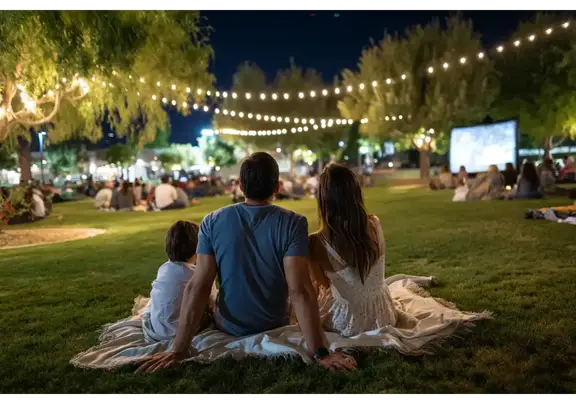 Families enjoying outdoor movie night under stars at Scottsdale park.