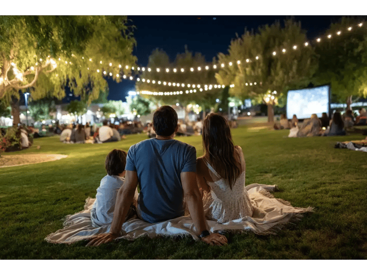 Families enjoying outdoor movie night under stars at Scottsdale park.