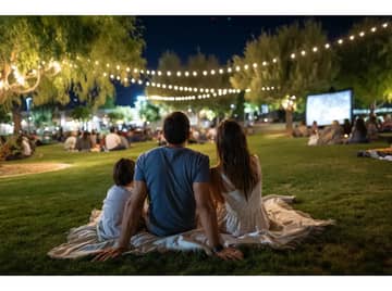 Families enjoying outdoor movie night under stars at Scottsdale park.