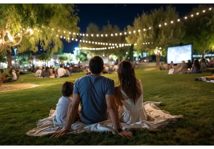 Families enjoying outdoor movie night under stars at Scottsdale park.