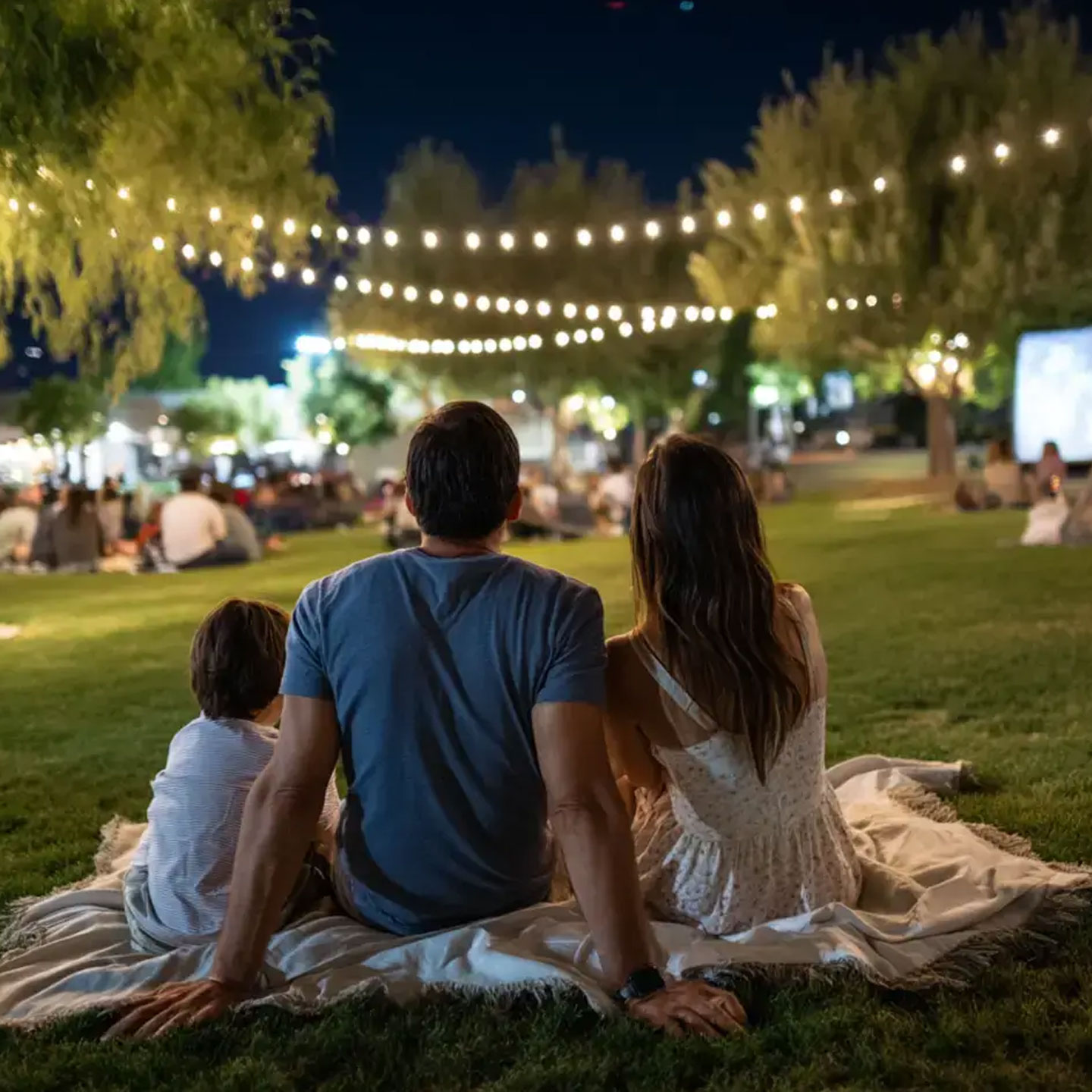 Families enjoying outdoor movie night under stars at Scottsdale park.