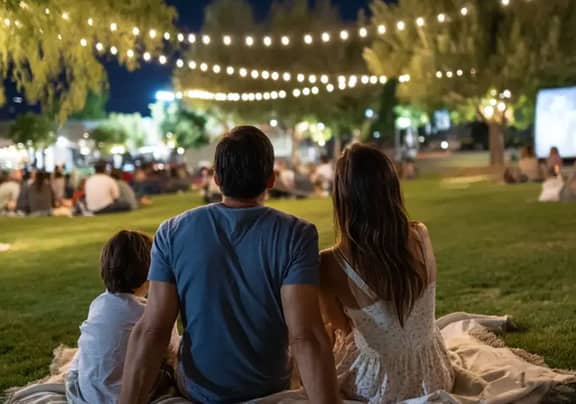 Families enjoying outdoor movie night under stars at Scottsdale park.