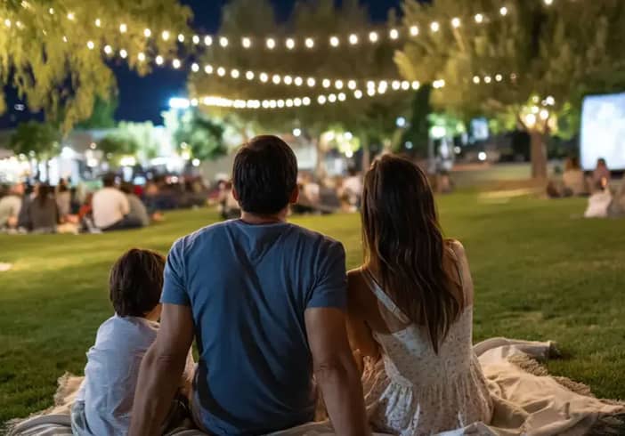 Families enjoying outdoor movie night under stars at Scottsdale park.