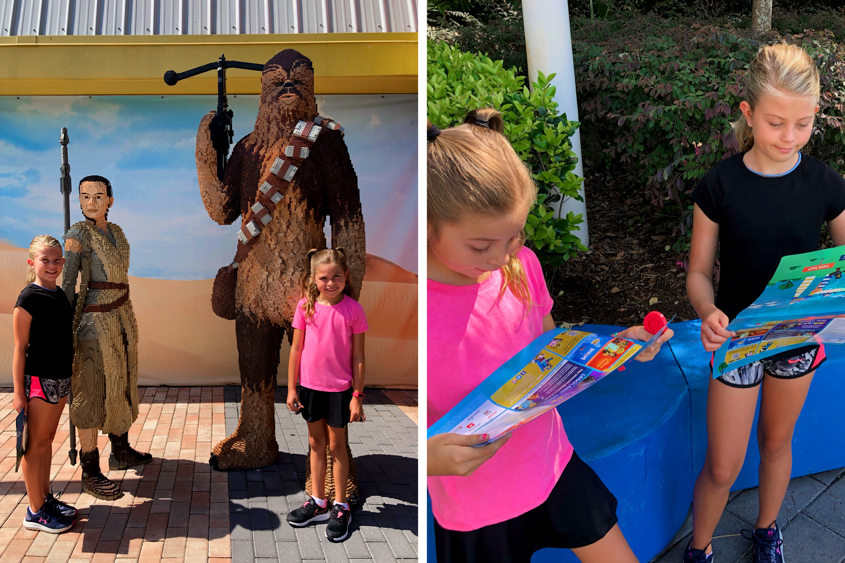 Left: Two young girls stand next to Star Wars LEGO figures. Right: Two girls stand reading park maps.