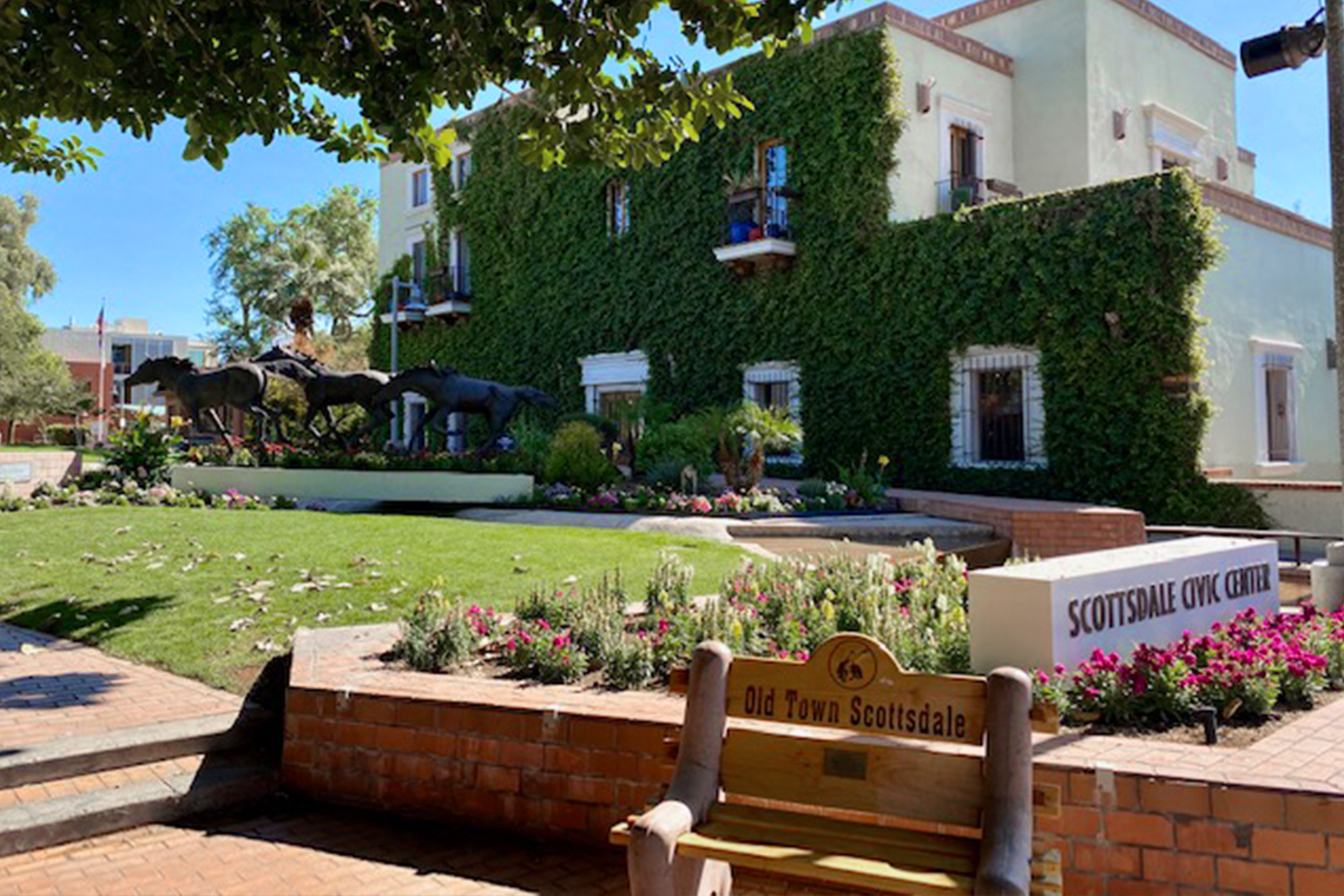 Downtown Old Scottsdale with bronze horse statues.