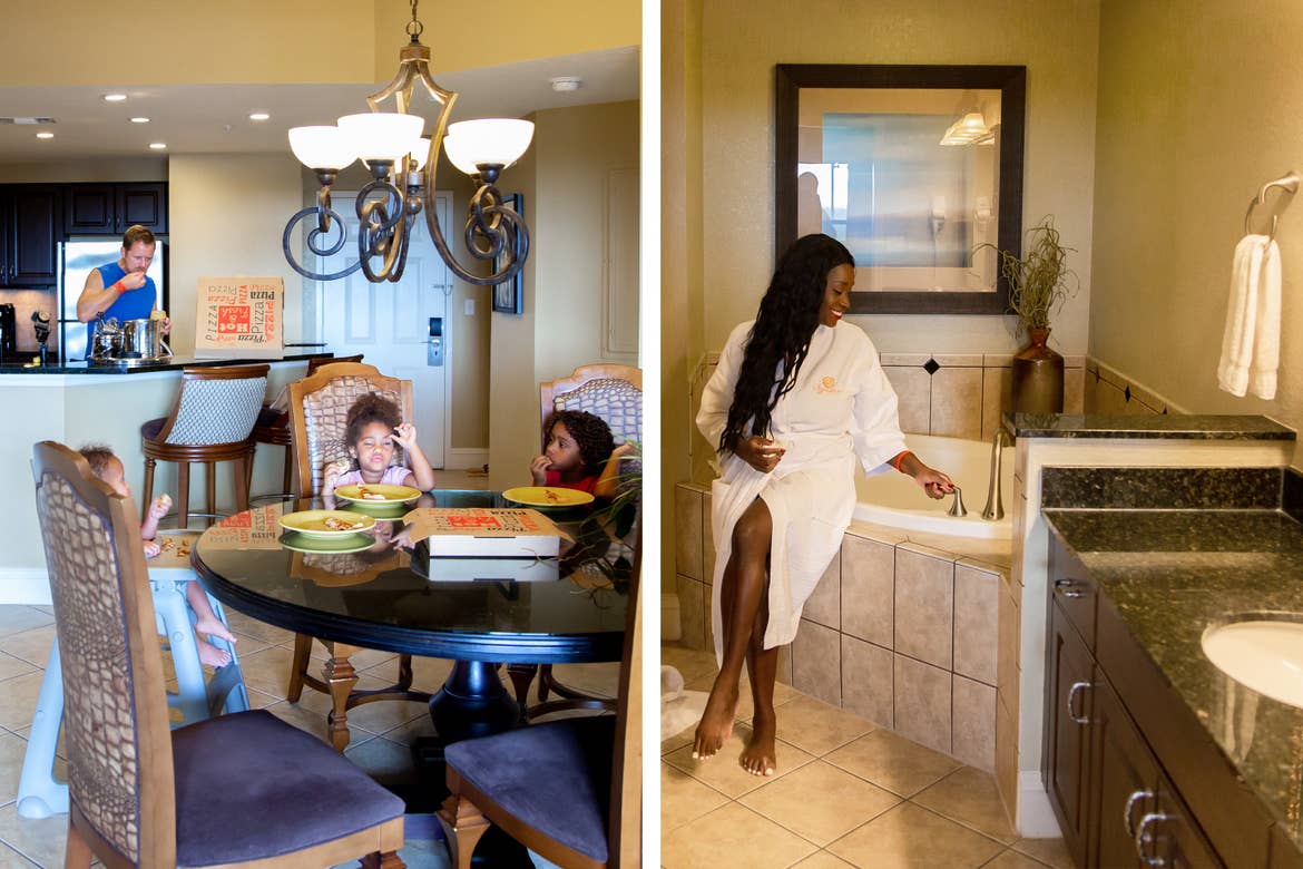 Left: Sally Butan's family in the kitchen of our Signature Collection villa. Right: Sally seated at the edge of a tub in our Signature Collection villa.