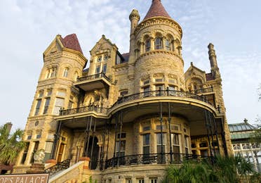 Outdoor and entrance view of Bishop's Palace near Galveston Beach, TX.