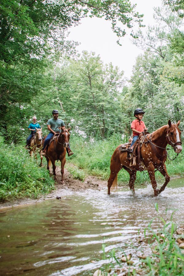 Three guests riding horses at Fox River Resort in Sheridan, Illinois.