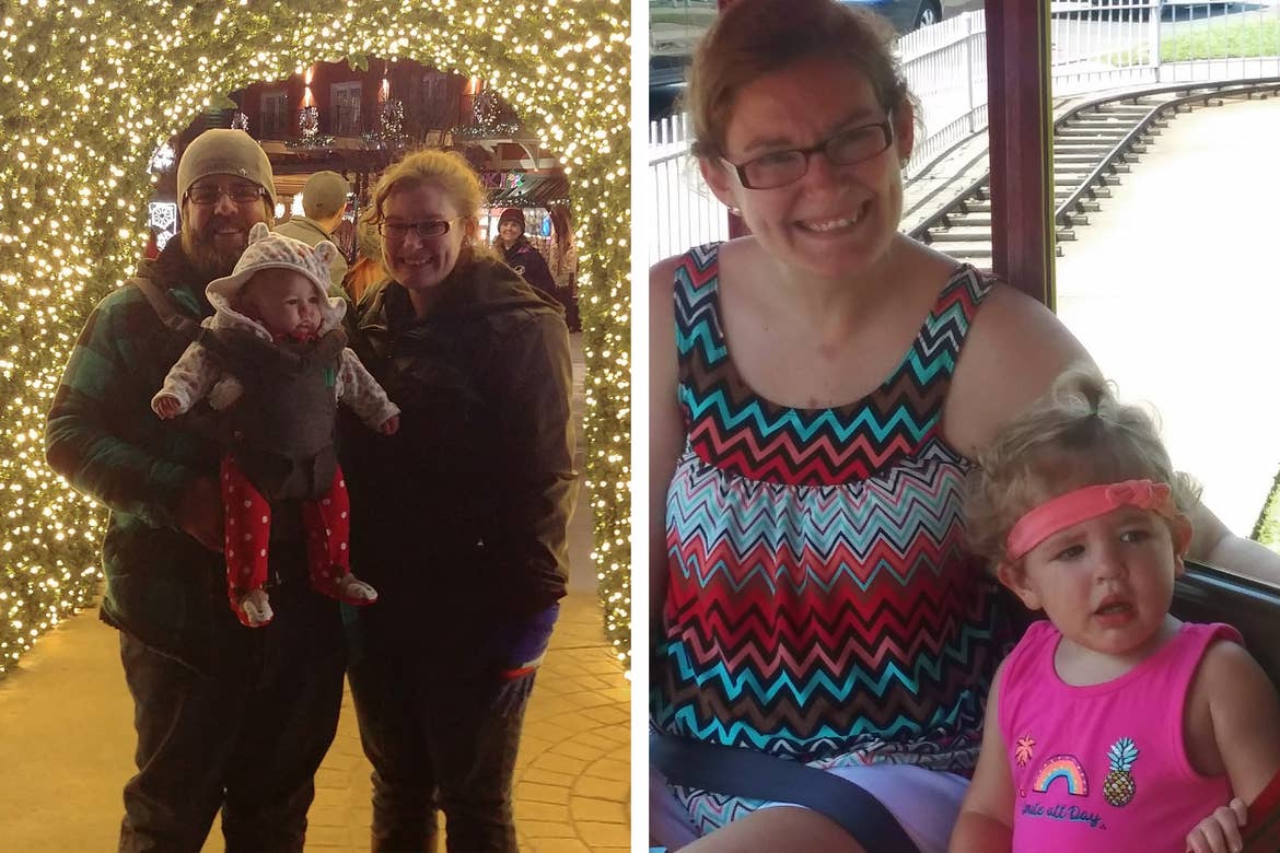 Left: A Man (left) woman (right) and an infant girl (middle) wear winter jackets underneath an arch made of Christmas string lights outdoors. Right: A woman with a multicolored blouse sits on a small train with a young girl wearing a pink blouse.