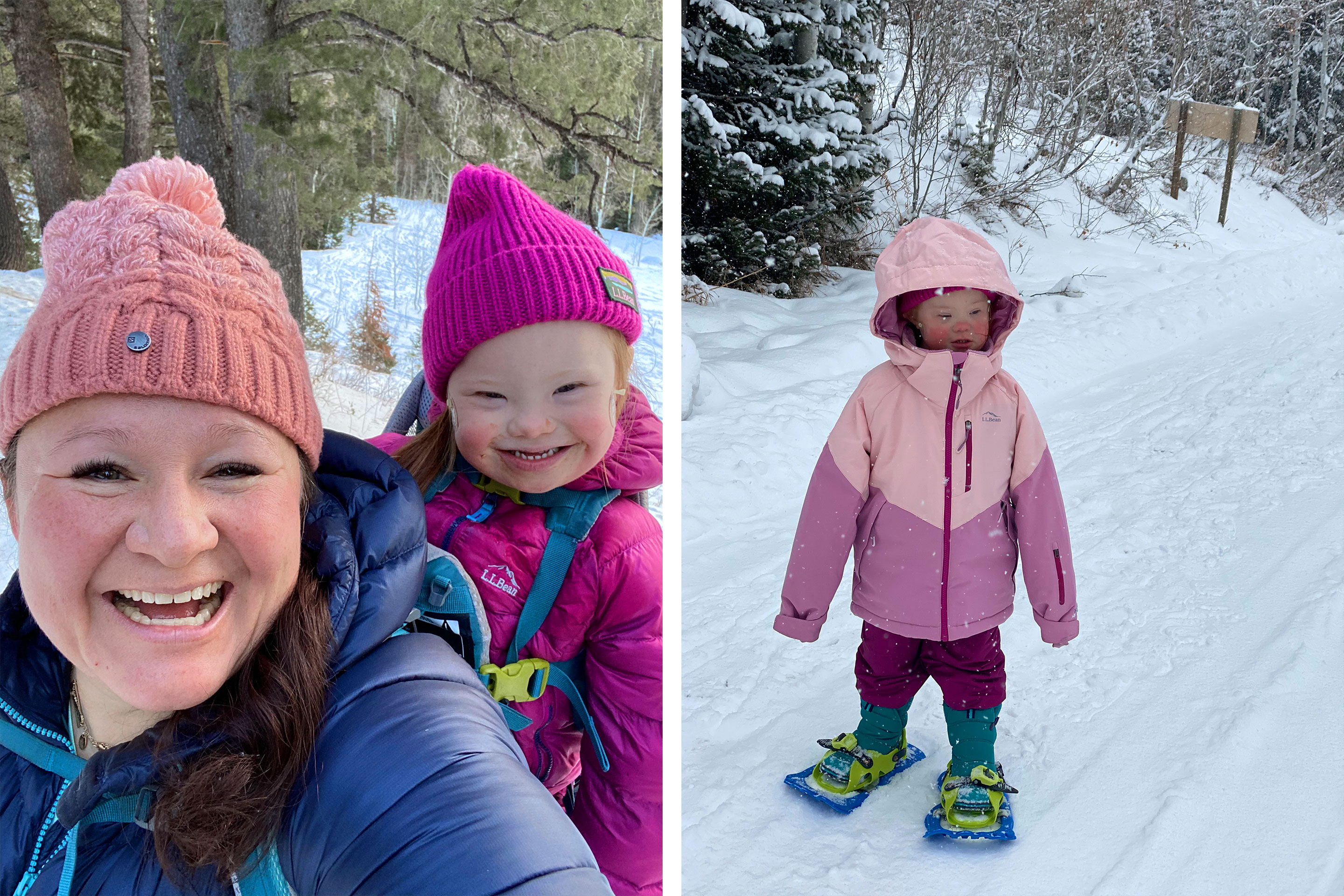 Left: Featured Contributor, Melody Forsyth ( left), backpacks with her daughter, Ruby (right), in the snow wearing pink hats and winter coats. Right: Ruby wears a pink winter coat while snowshoeing.