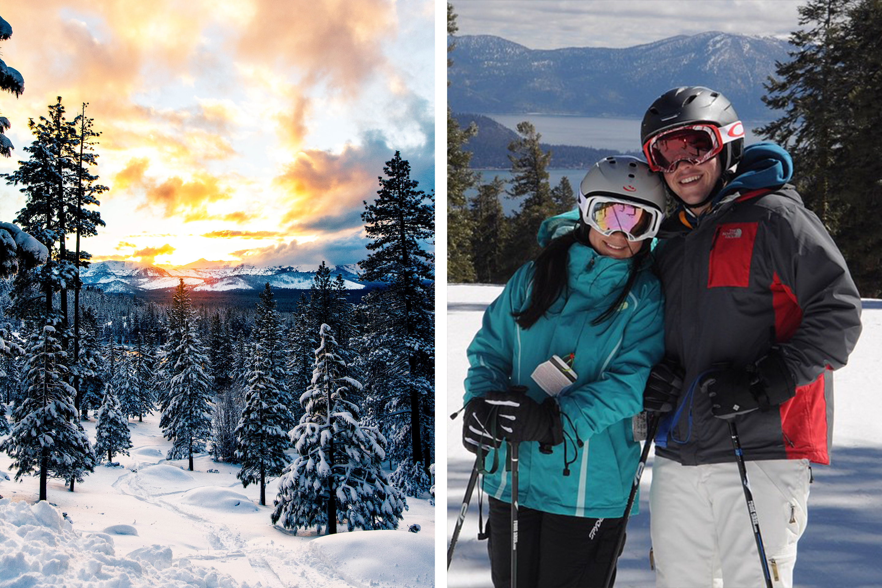 Left: Snow-capped mountain range of Lake Tahoe, NV under a cloudy sunset. Right: Co-contributor, Maria Leal (left), wears an aqua ski jacket while standing with her husband wearing ski gear and helmets with goggles.