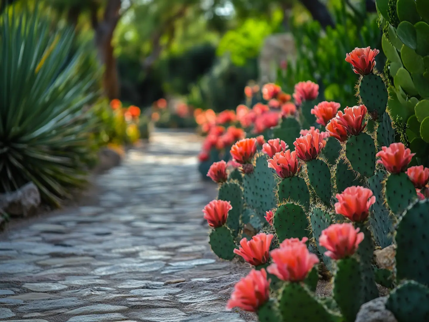 A peaceful desert garden walk lined with cacti Scottsdale AZ resort.