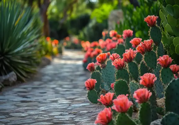 A peaceful desert garden walk lined with cacti Scottsdale AZ resort.