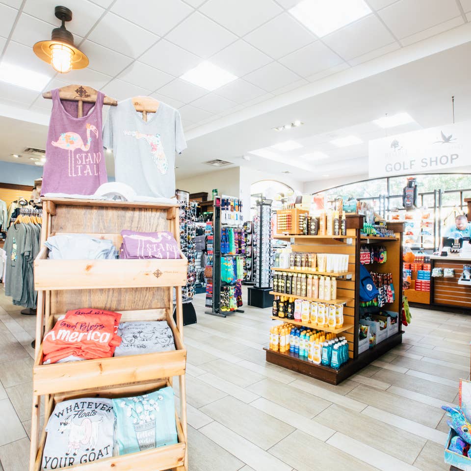 Marketplace with souvenirs in West Village at Orange Lake Resort near Orlando, Florida.