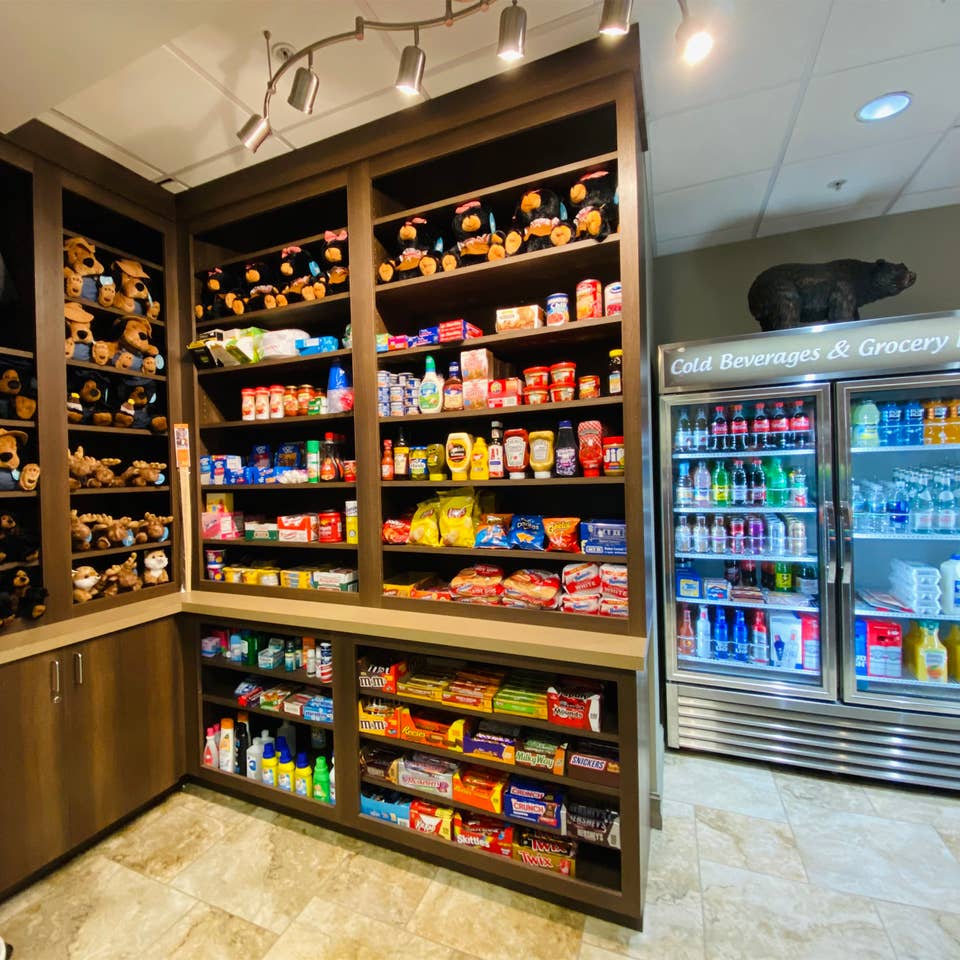 Marketplace with souvenirs and grocery items at Smoky Mountain Resort in Gatlinburg, Tennessee.