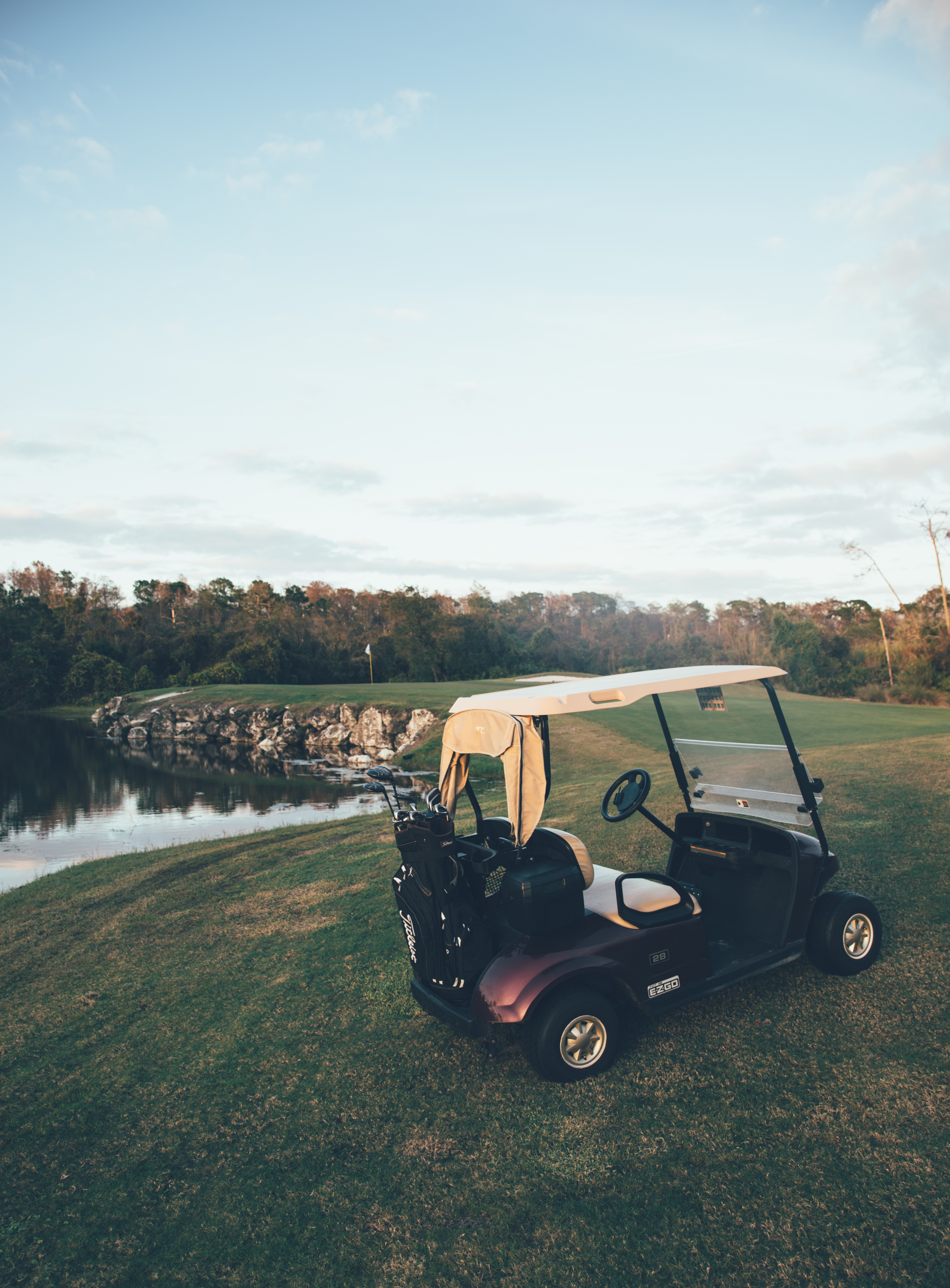 Golf cart on Legends Golf Course in East Village at Orange Lake Resort near Orlando, Florida.