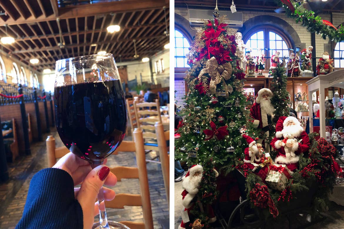 Left: Jennifer holds a glass of red wine at the Stable Cafe. Right: A decorated Christmas tree and other home decor items at the local Christmas Shoppe.