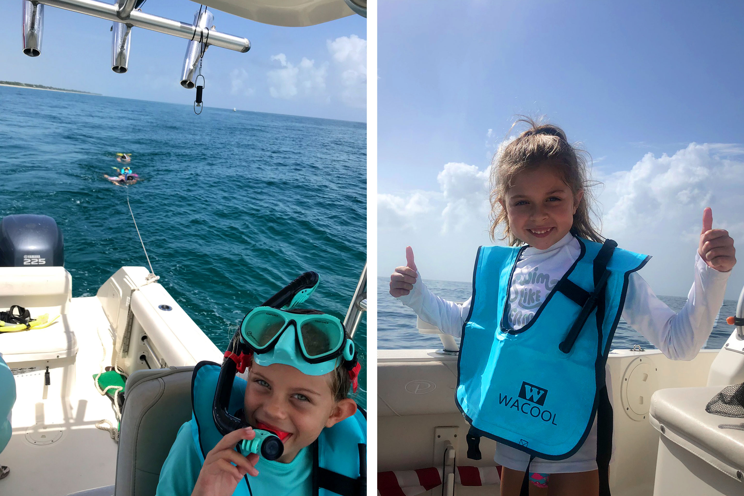 Left: Kyndall wears snorkel gear while steering a white boat in the ocean. Right: Kyler (right), gives two 'thumbs up' as she wears her Wacool snorkel vest while sitting on a boat in the ocean.