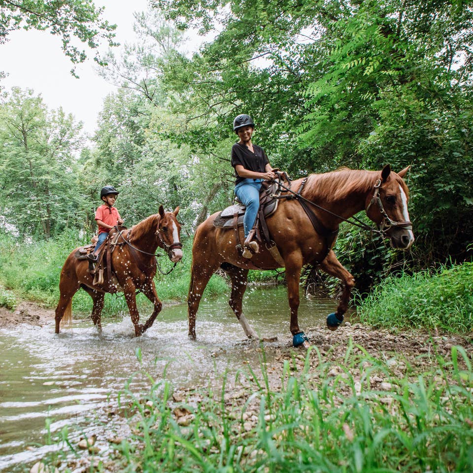 Two guests riding horses at. Fox River Resort in Sheridan, Illinois.