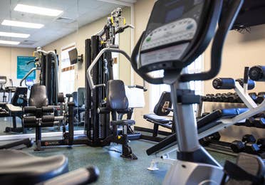 Fitness center with free weights and exercise equipment at South Beach Resort in Myrtle Beach, South Carolina