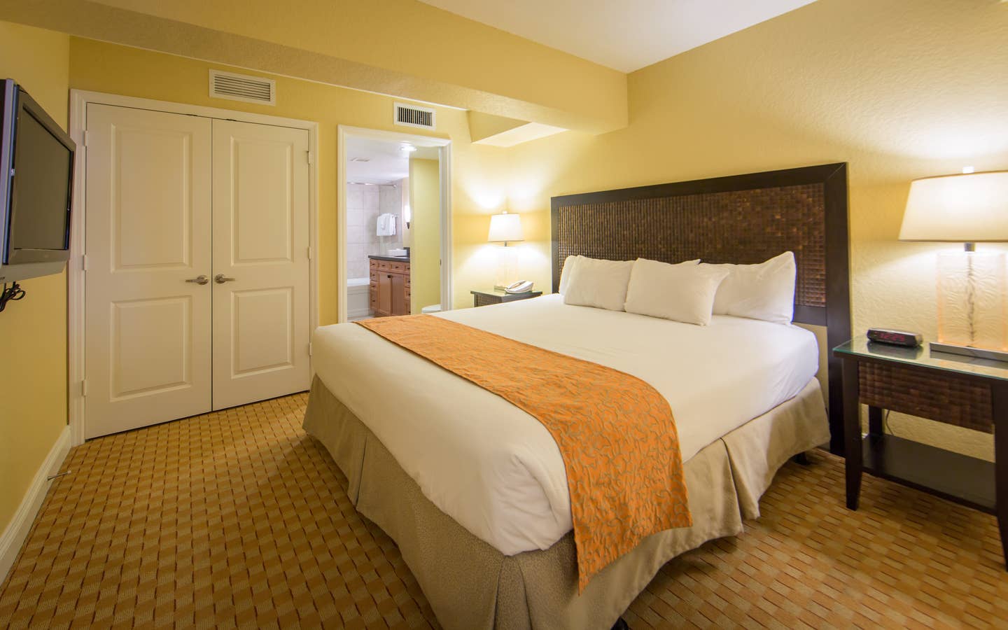 King bed in a one bedroom villa in West Village at Orange Lake Resort near Orlando, FL