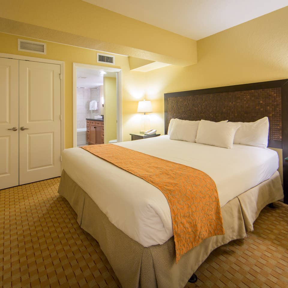 King bed in a one bedroom villa in West Village at Orange Lake Resort near Orlando, FL
