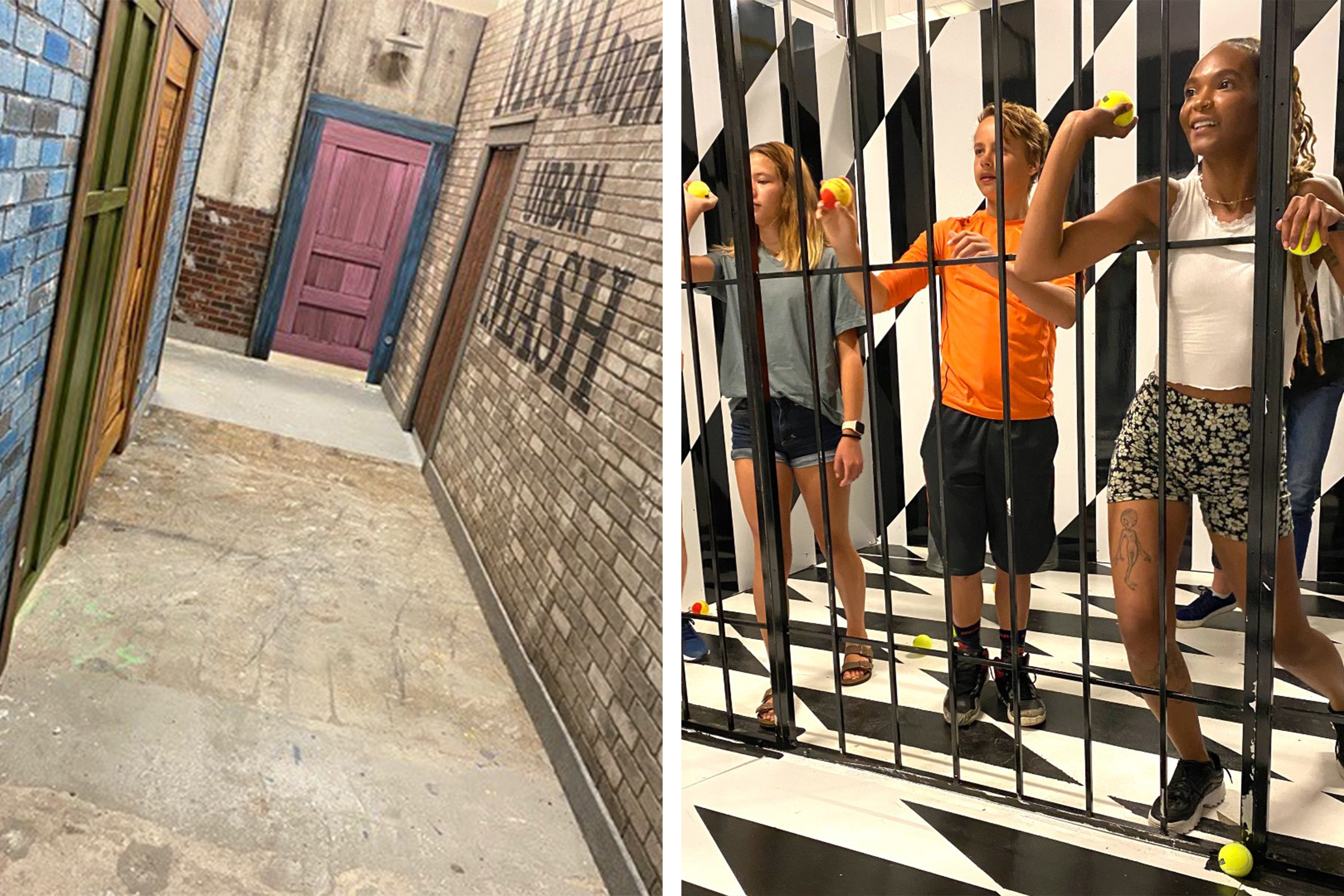 Left: Hallway leading to entrance of an Escape Room. Right: Three guests throw tennis balls from behind a gate to release the handle.