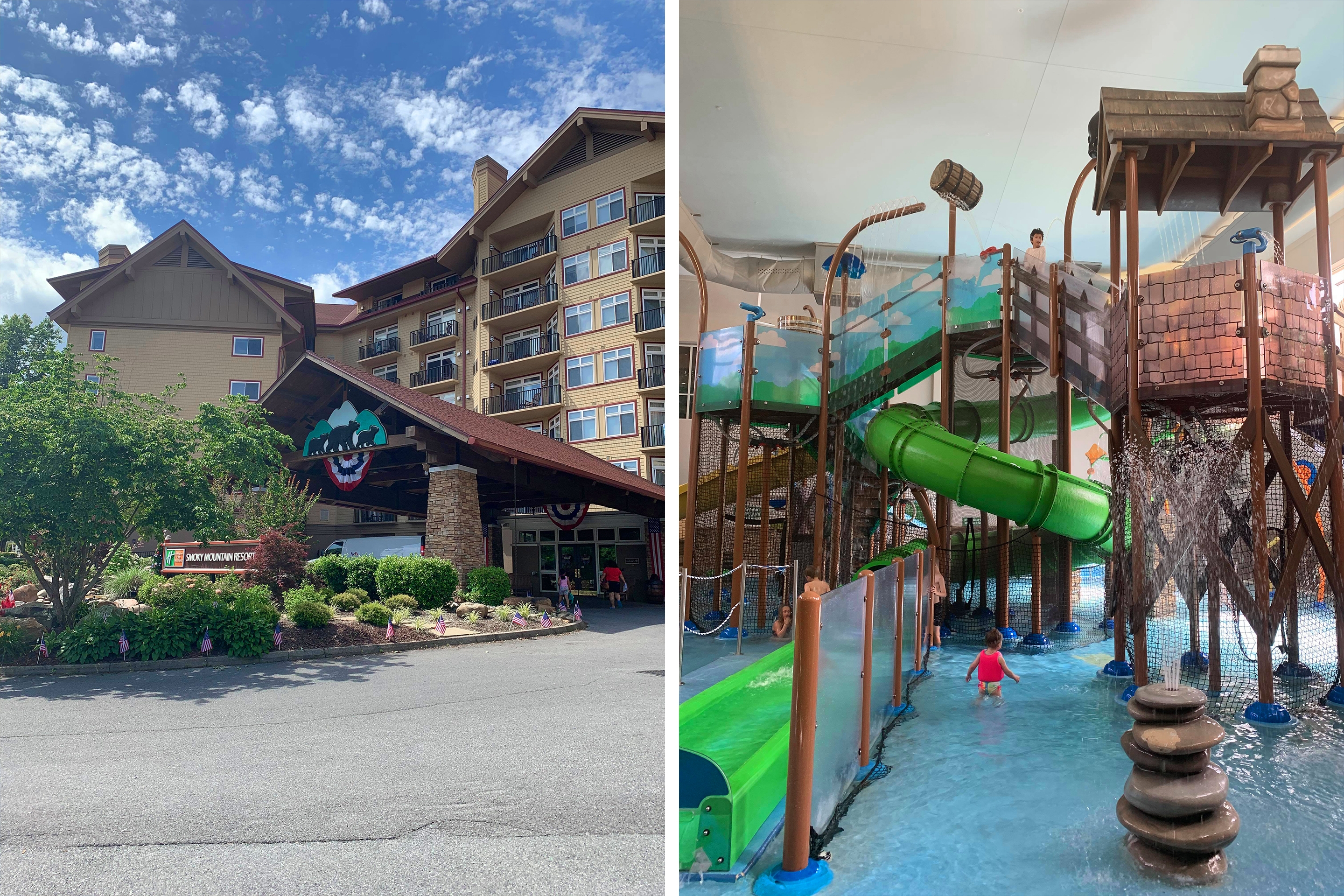Left: The exterior of our Smoky Mountain resort. Right: The indoor water park at our Smoky Mountain resort.