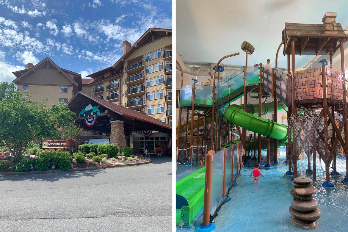Left: The exterior of our Smoky Mountain resort. Right: The indoor water park at our Smoky Mountain resort.