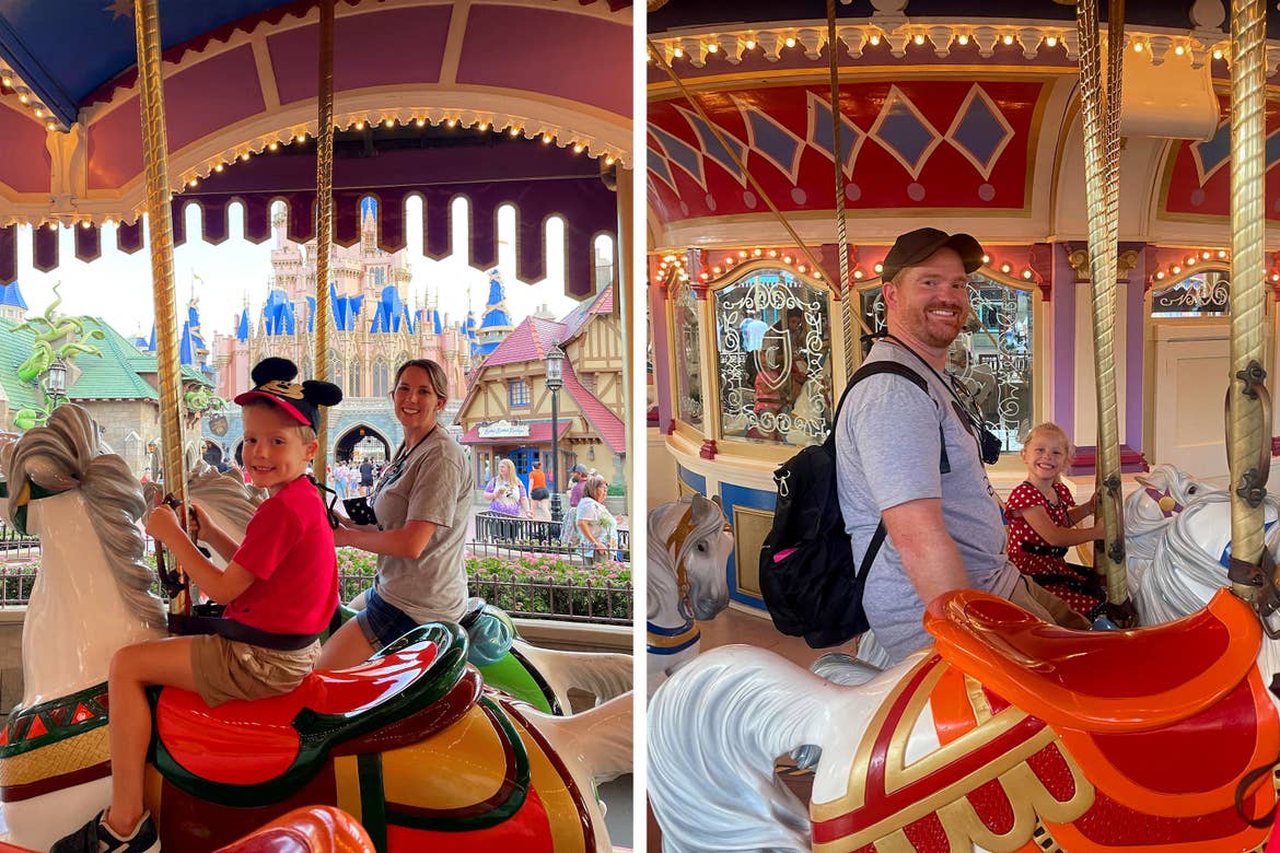 Left: A woman and boy wearing t-shirts and shorts sit on carousel horses. Right: A man wearing a t-shirt and shorts and a girl in a red and white polka-dot dress sit on carousel horses.