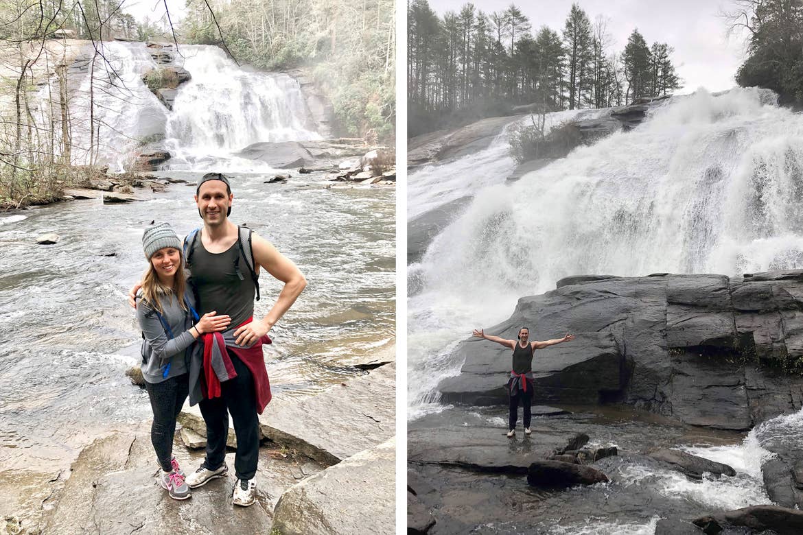 Left: A woman (left) wearing a light grey beanie, pullover, and dark grey leggings hugs a man (right) wearing a dark grey tank and black pants in front of a waterfall. Right: A man wearing a dark grey tank and black pants poses in front of a waterfall.