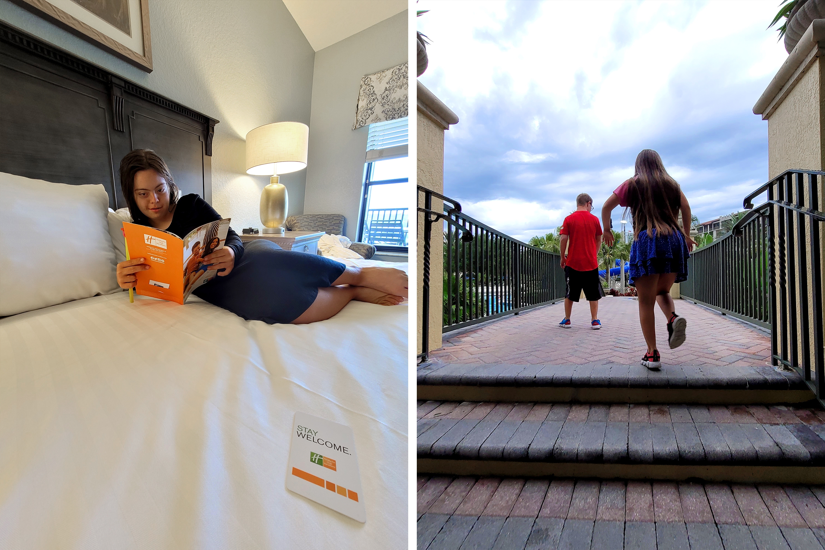 Left Image: A young girl lays on a bed while reading a pamphlet. Right image: A young boy (left) and girl (right) run across a paved walkway bridge.