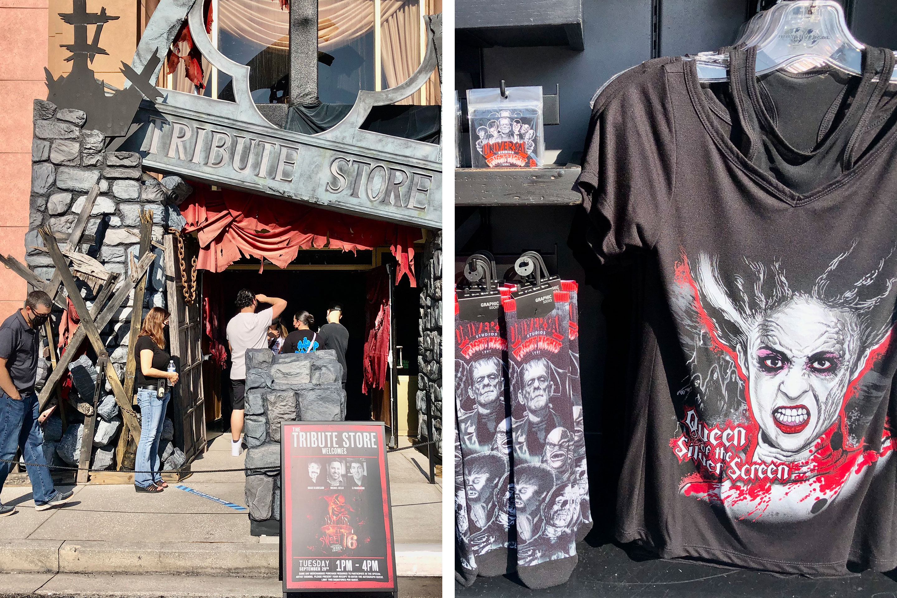 Left: Exterior shot of the 'Tribute Store' with some Halloween decor overlay. Right: Bride of Frankenstein merchandise available for purchase.