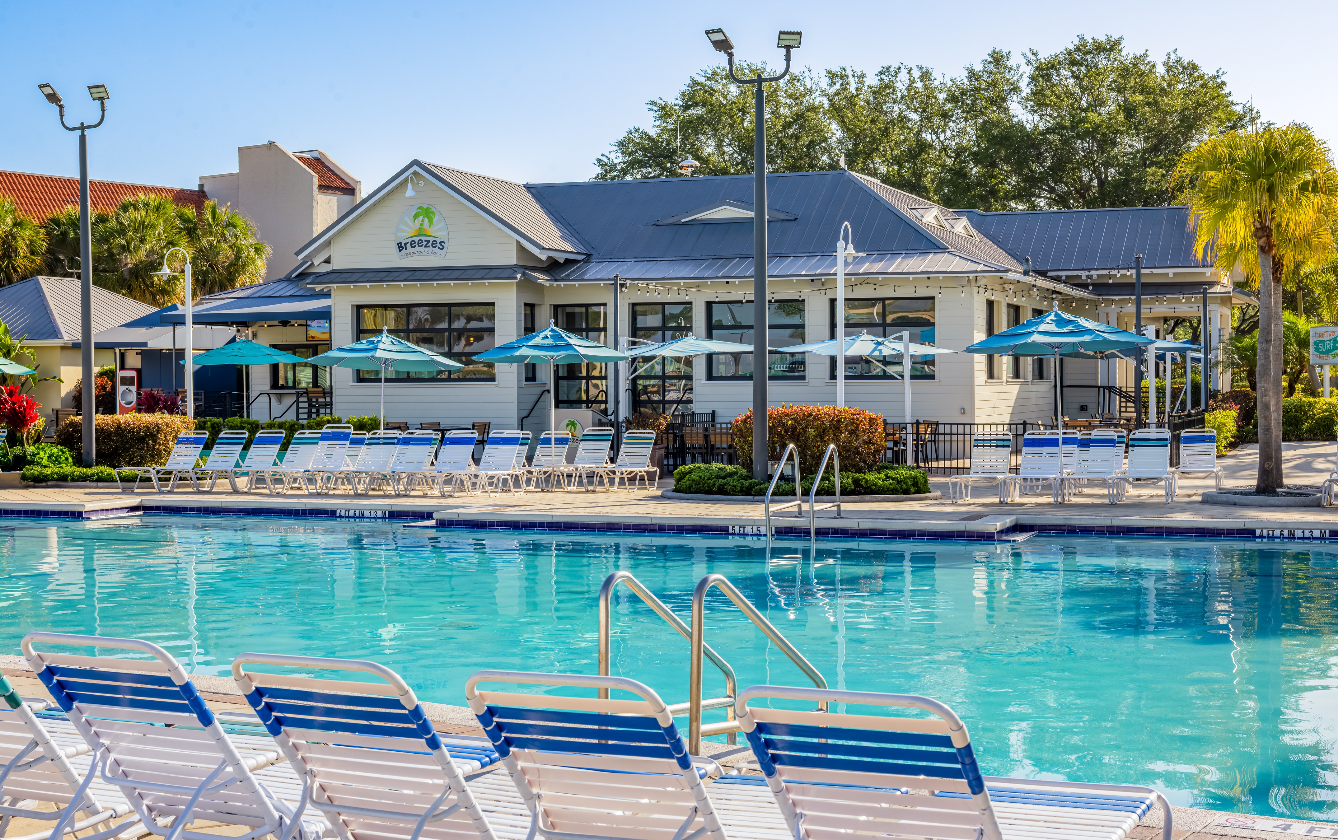 Breezes Restaurant & Bar seating area in West Village at Orange Lake Resort near Orlando, Florida.