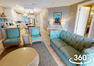 Living room in a two-bedroom Signature villa at Galveston Seaside Resort in Galveston, Texas.