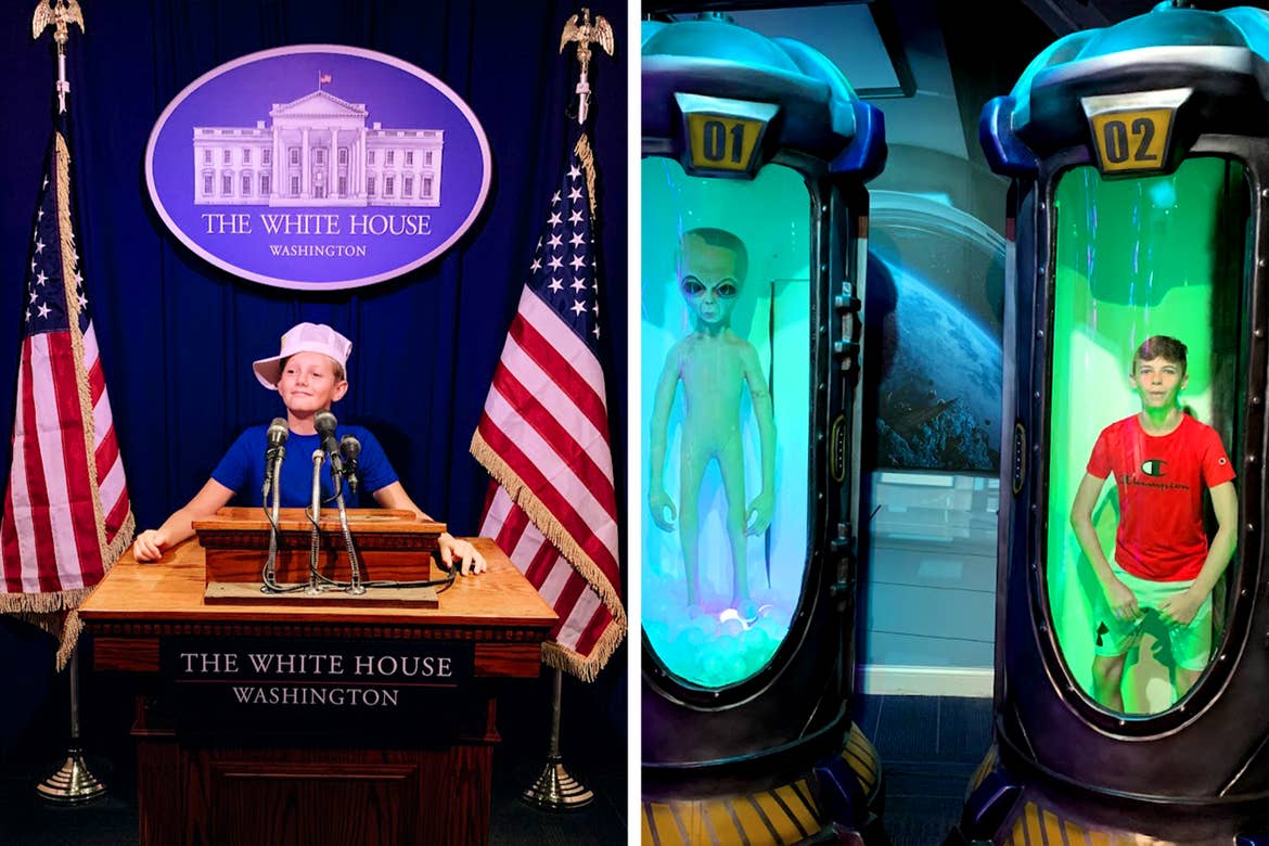 Left: A boy stands near a replica of the White House Press podium. Right: A boy and an alien stand in containers.