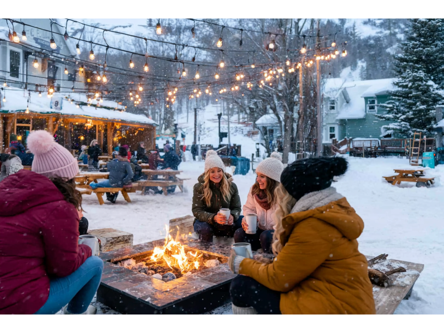 Group of friends bundled up enjoying a cozy winter evening around an outdoor fire pit with string lights above
