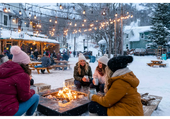 Group of friends bundled up enjoying a cozy winter evening around an outdoor fire pit with string lights above